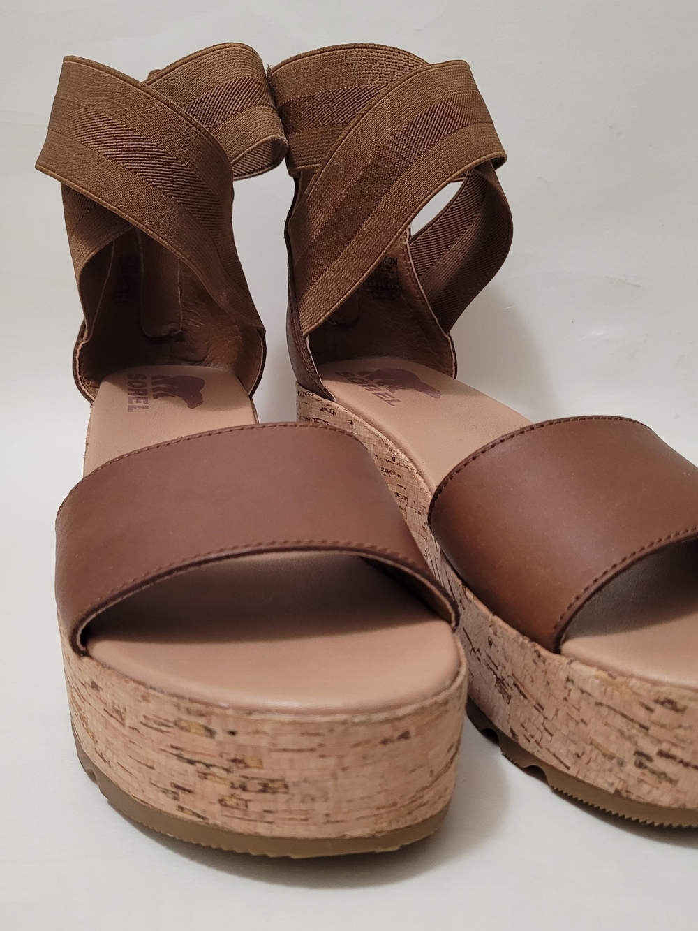 Sorel Brown Cork Platform Sandals with Elastic Ankle Straps